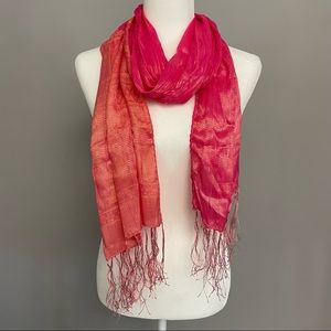 Gorgeous Fuchsia, Peach, & Gold Silky Fringed Oblong Scarf